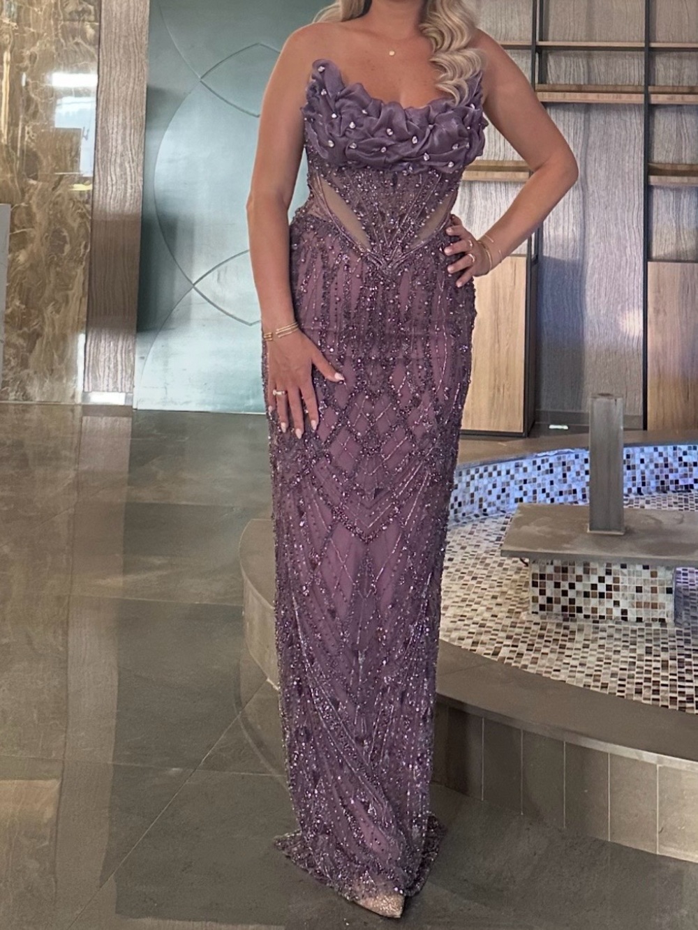 Purple Beaded Evening Gown - Elegant Strapless Formal Dress